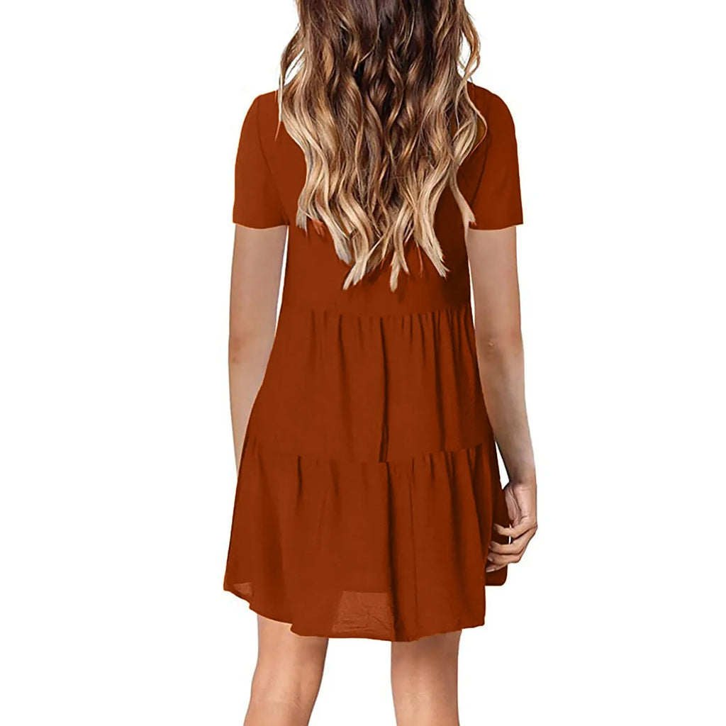 Womens V Neck Short Sleeve Loose Fit Dress Solid Color