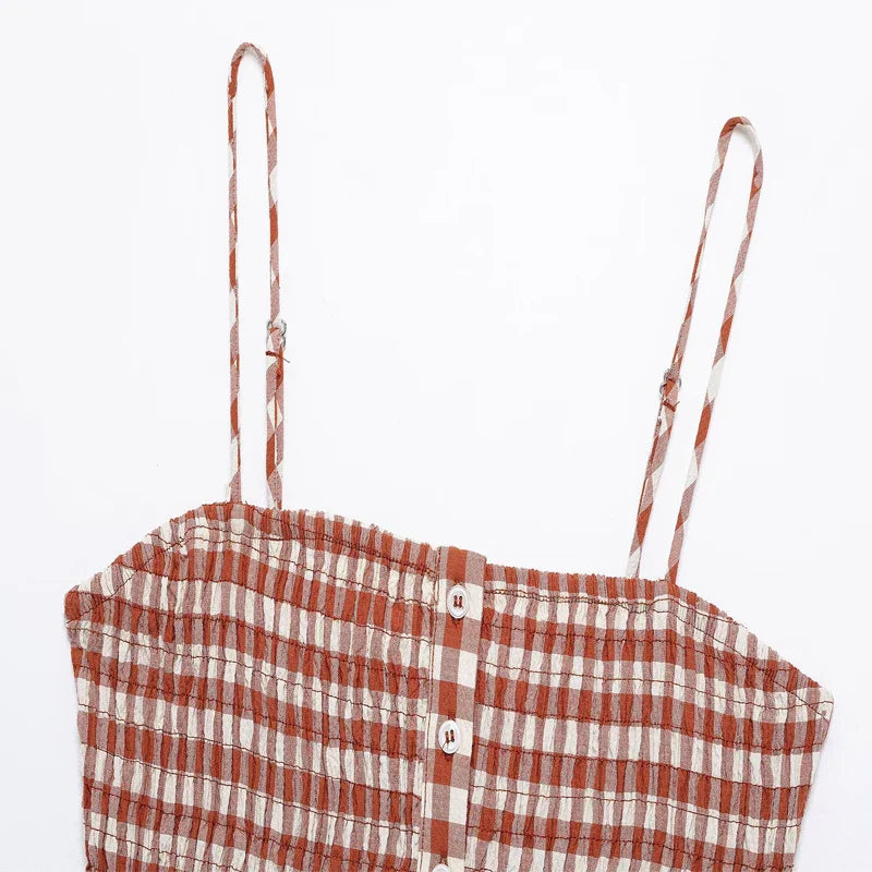 Women's Plaid Halter Crop Top with Backless Design and High Waist Vintage Maze Pattern Skirt Set