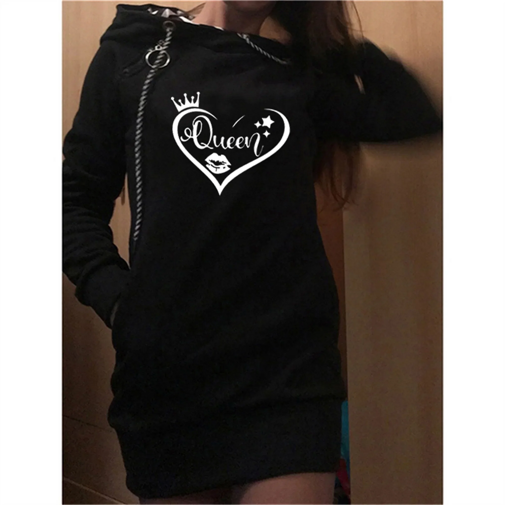Queen Printed Hoodie Sweater Dress For Women Long Sleeve