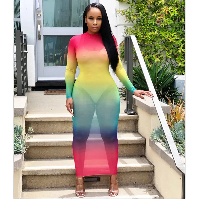 Rainbow Gradient Sheer O Neck Dress For Clubwear Nights