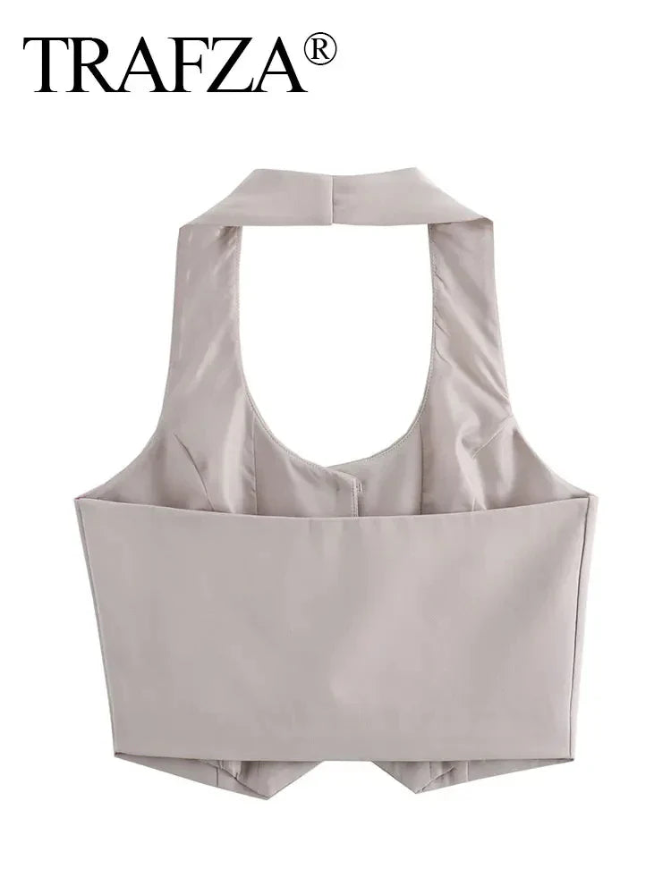 Halter Neck Solid Two Piece Set for Women with High Waist Long Pants and Stylish Vest Top