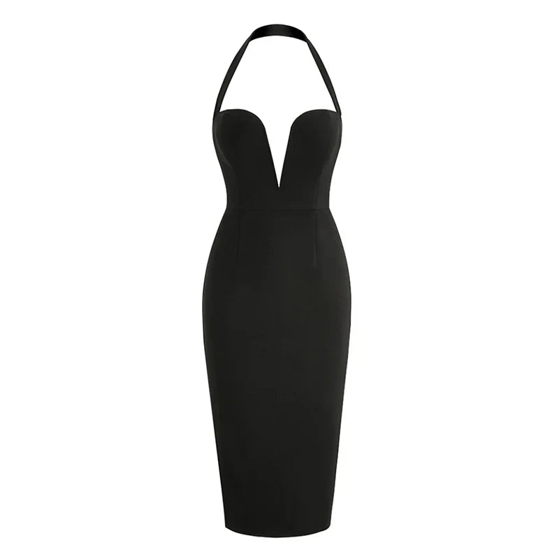 Backless Halter Midi Bandage Dress Deep V Neck Black