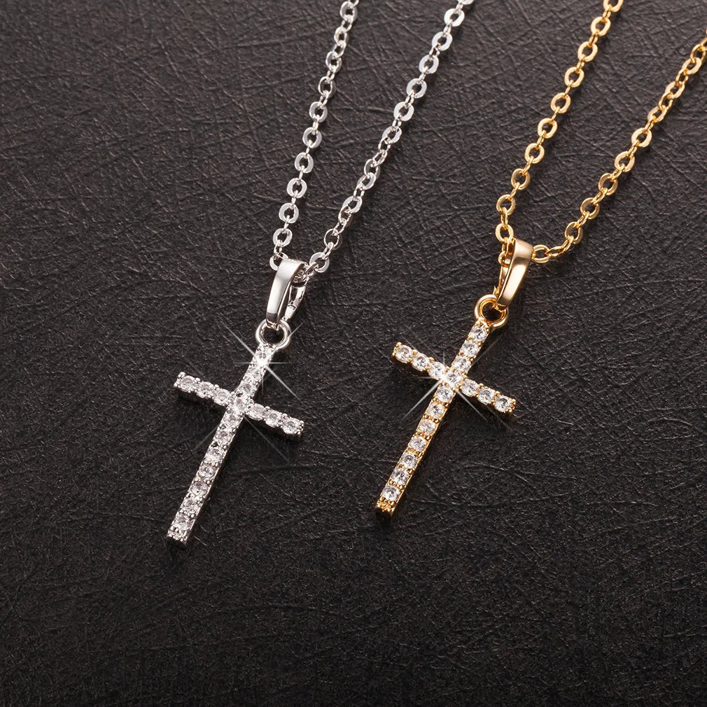 Hip Hop Fashion Cross Necklace for Women and Men with Crystal Zircon Jesus Pendant and Metal Chain Choker Jewelry Gift