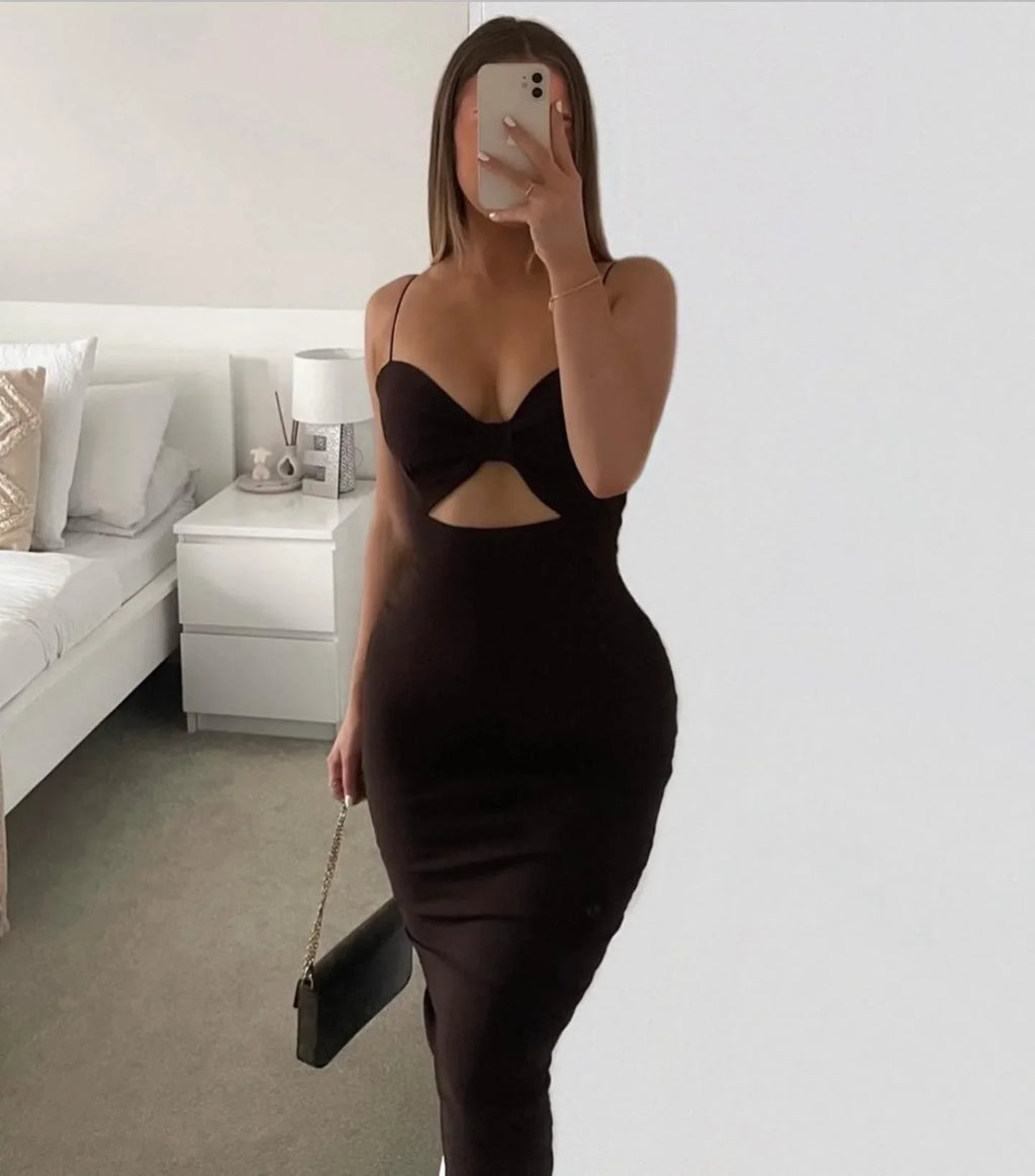 Bandage Midi Dress Bow Sleeveless Black Cutout Bodycon
