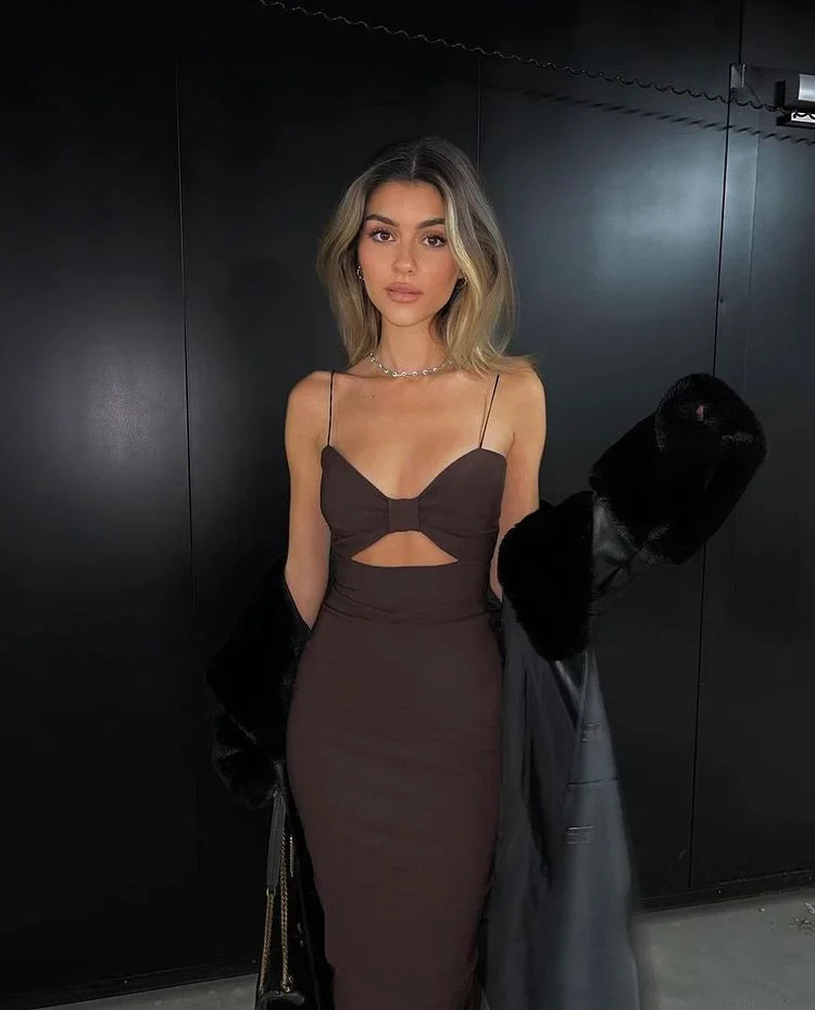 Bandage Midi Dress Bow Sleeveless Black Cutout Bodycon