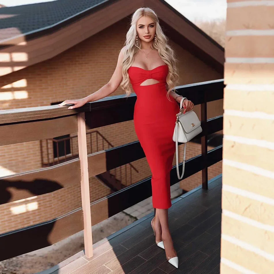 Bandage Midi Dress Bow Sleeveless Black Cutout Bodycon