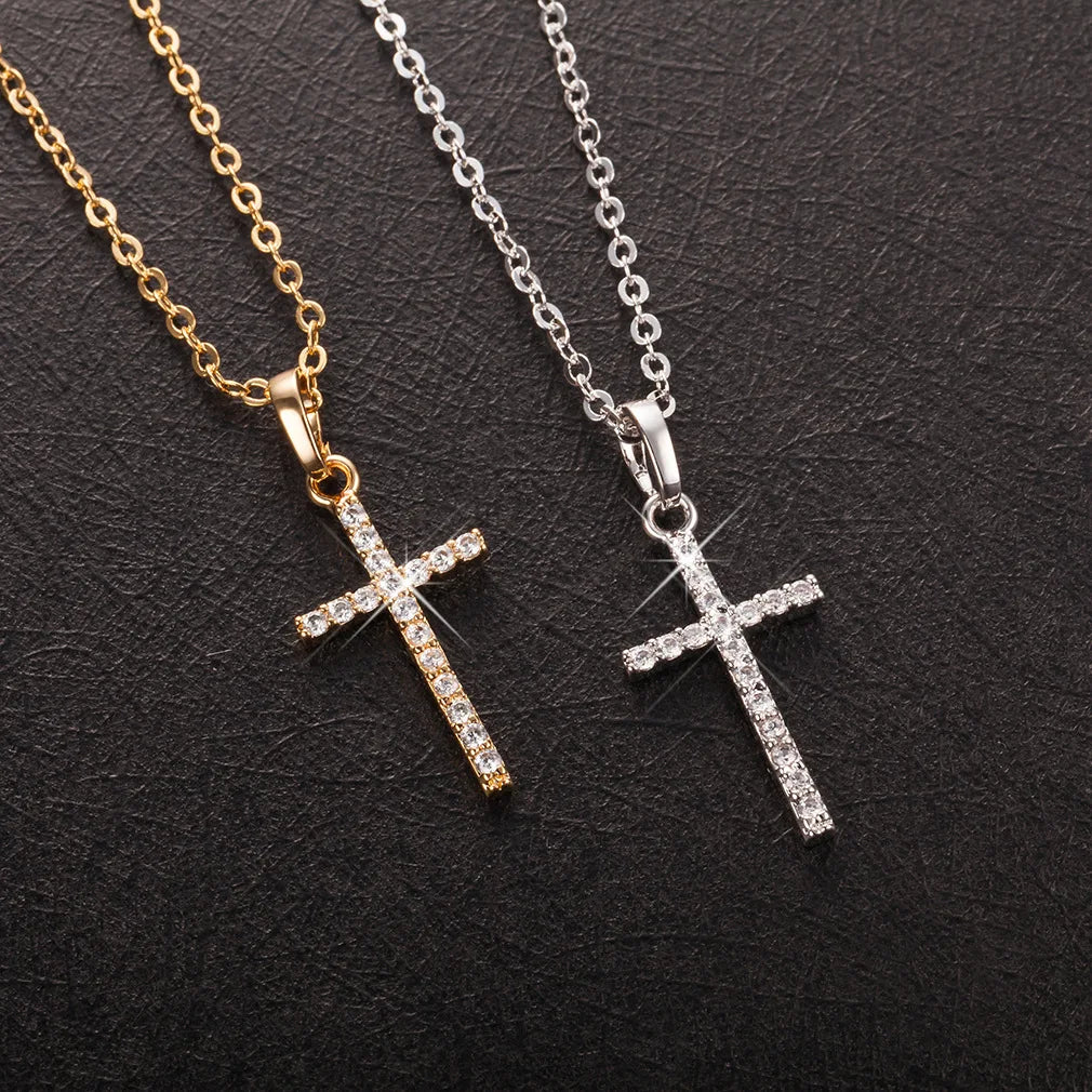 Hip Hop Fashion Cross Necklace for Women and Men with Crystal Zircon Jesus Pendant and Metal Chain Choker Jewelry Gift