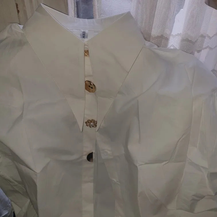 Spring Lapel Turn Down Collar Lantern Sleeve Casual Blouse Elegant Retro Loose Fit All-Match Women's Shirt