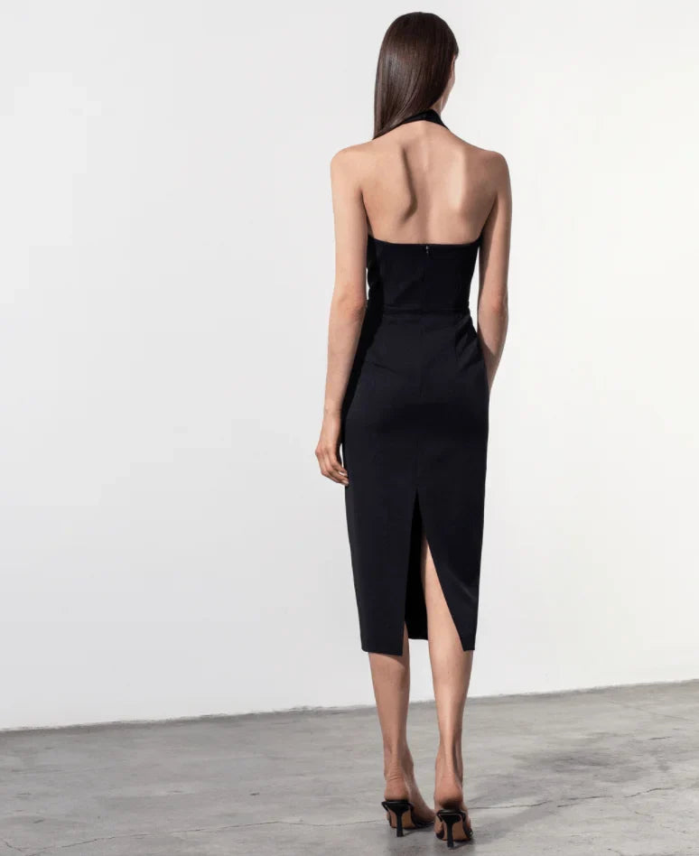 Backless Halter Midi Bandage Dress Deep V Neck Black