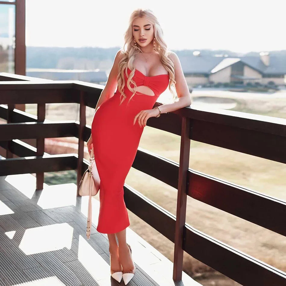 Bandage Midi Dress Bow Sleeveless Black Cutout Bodycon