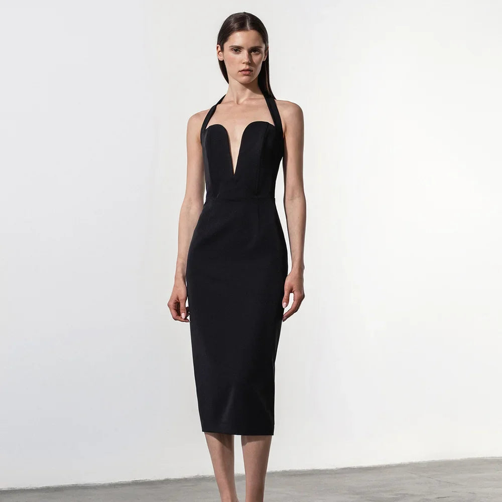 Backless Halter Midi Bandage Dress Deep V Neck Black
