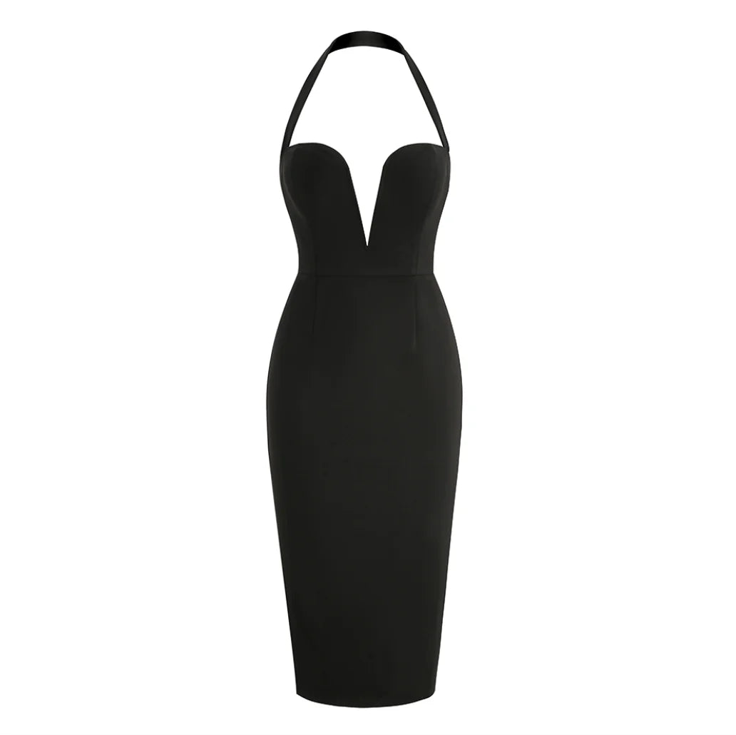 Backless Halter Midi Bandage Dress Deep V Neck Black