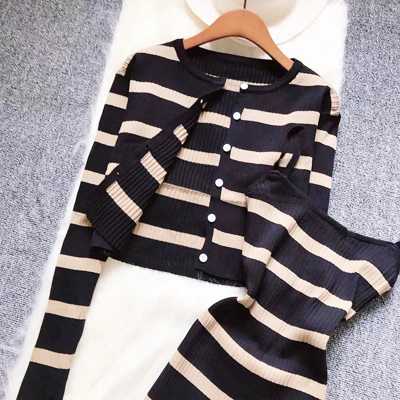 Sweet Color Patchwork Striped Spaghetti Strap Dress with O Neck Long Sleeve Cardigan Two-Piece Set