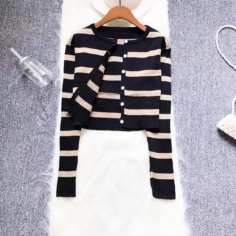 Sweet Color Patchwork Striped Spaghetti Strap Dress with O Neck Long Sleeve Cardigan Two-Piece Set