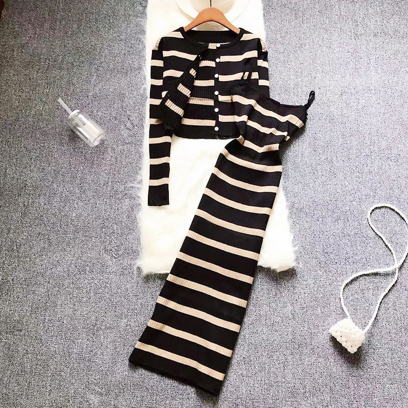 Sweet Color Patchwork Striped Spaghetti Strap Dress with O Neck Long Sleeve Cardigan Two-Piece Set
