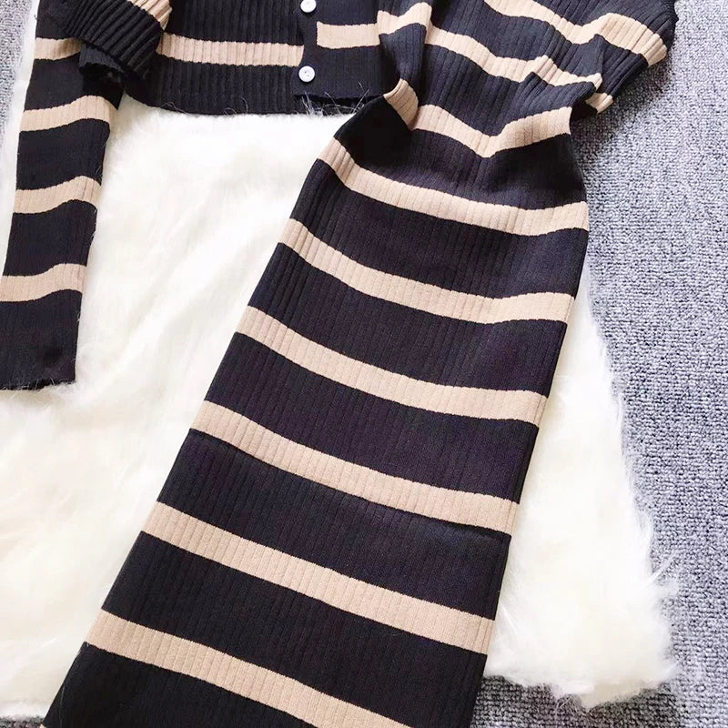 Sweet Color Patchwork Striped Spaghetti Strap Dress with O Neck Long Sleeve Cardigan Two-Piece Set