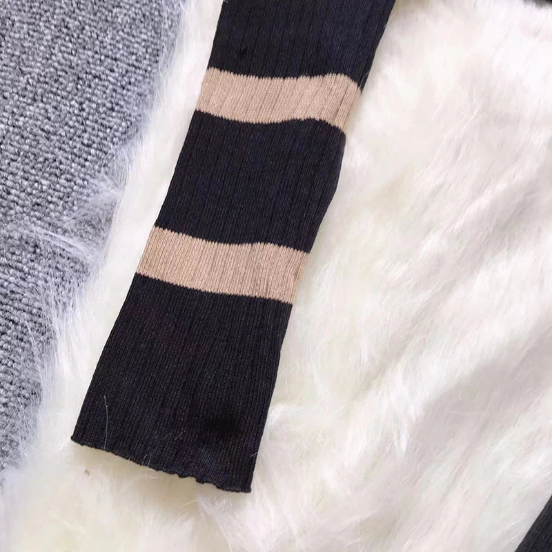 Sweet Color Patchwork Striped Spaghetti Strap Dress with O Neck Long Sleeve Cardigan Two-Piece Set