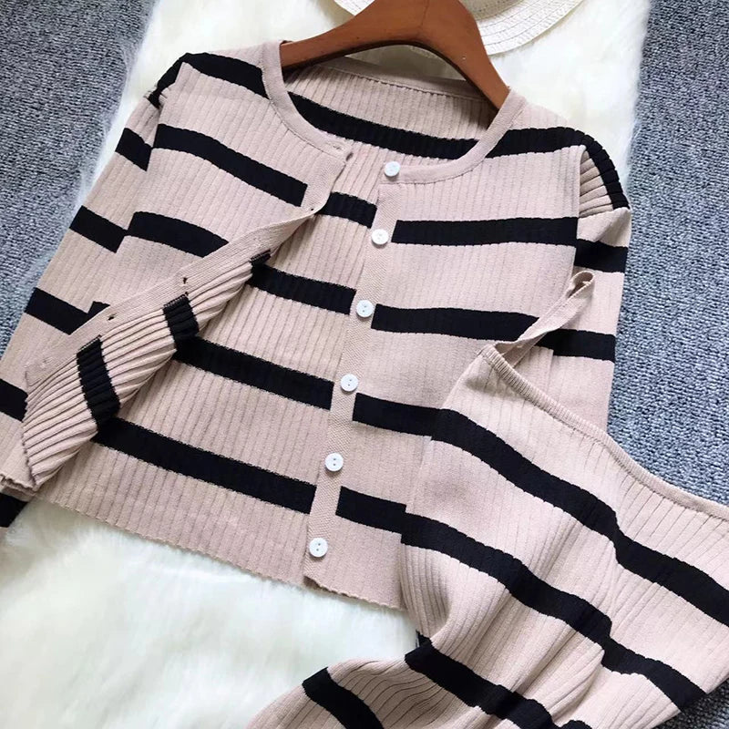 Sweet Colorful Patchwork Striped Spaghetti Strap Dress with O Neck Long Sleeve Cardigan Set Two Piece Outfit