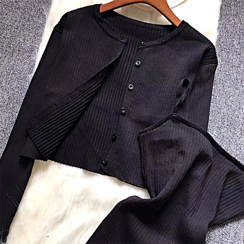 Sweet Colorful Patchwork Striped Spaghetti Strap Dress with O Neck Long Sleeve Cardigan Set Two Piece Outfit