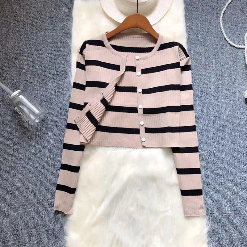 Sweet Colorful Patchwork Striped Spaghetti Strap Dress with O Neck Long Sleeve Cardigan Set Two Piece Outfit