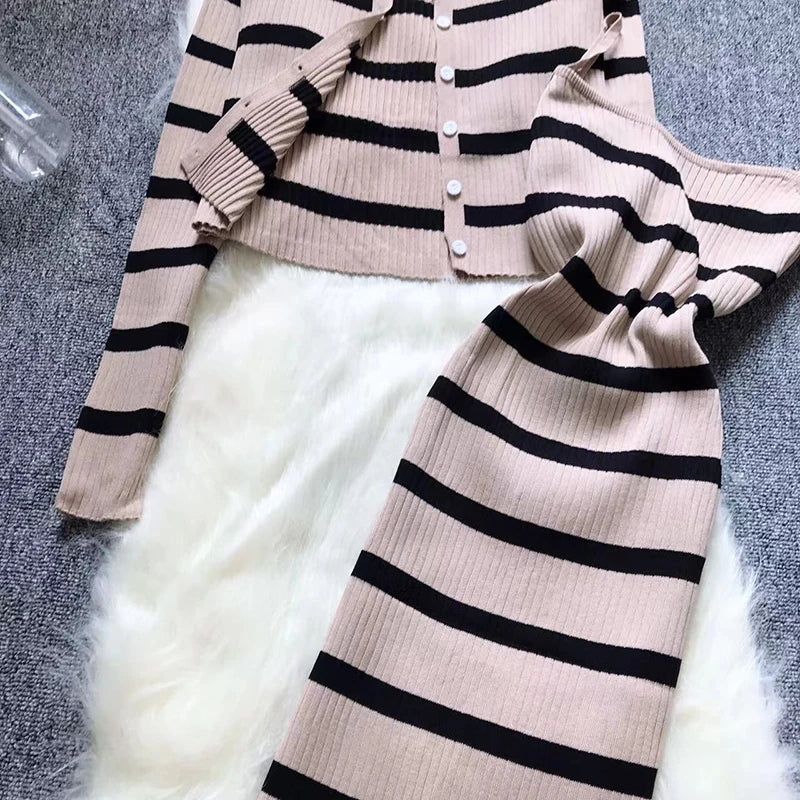 Sweet Colorful Patchwork Striped Spaghetti Strap Dress with O Neck Long Sleeve Cardigan Set Two Piece Outfit