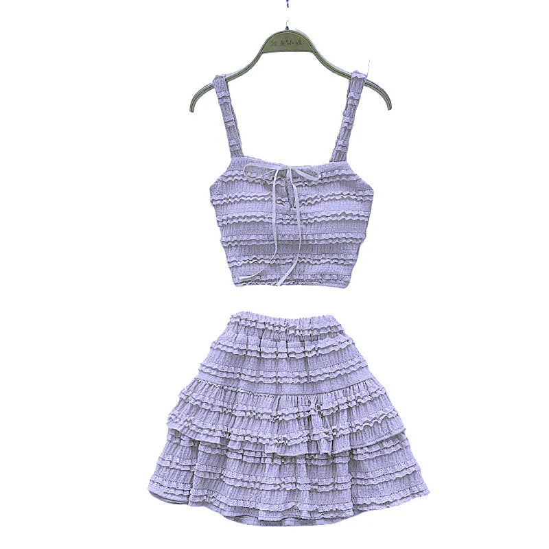 Sweet Ruffles Summer Two-Piece Set Women Square Collar Bow Strap Crop Top with Solid Ruched High-Waist Skirt Chic Gentle Outfit