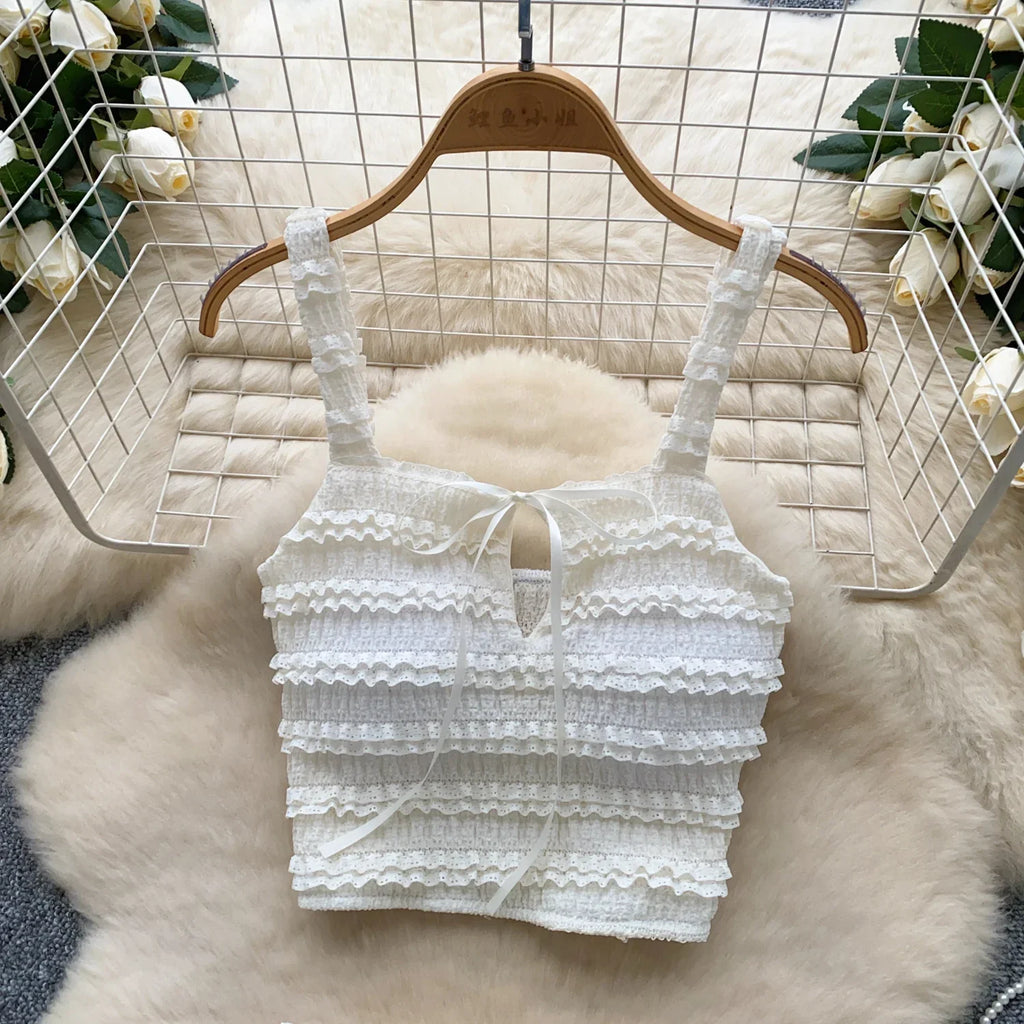 Sweet Ruffles Summer Two-Piece Set Women Square Collar Bow Strap Crop Top with Solid Ruched High-Waist Skirt Chic Gentle Outfit