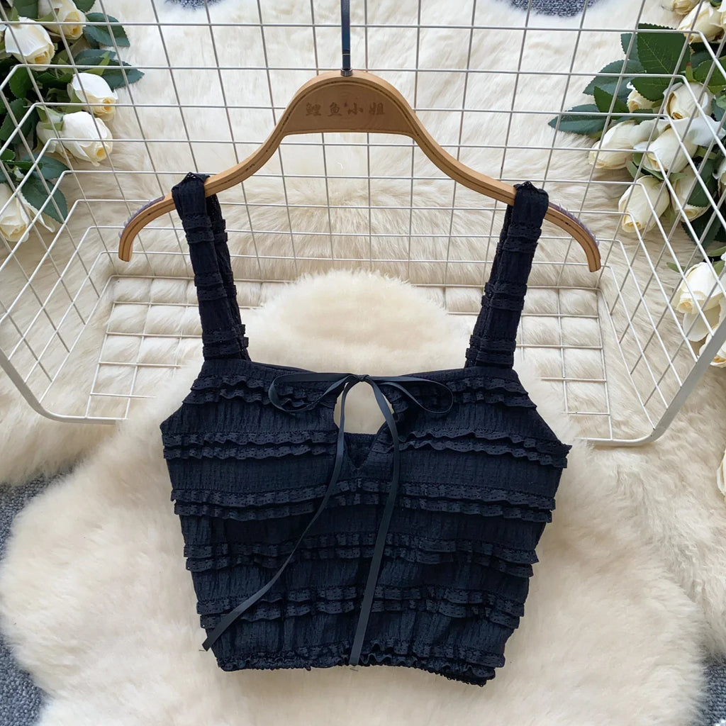 Sweet Ruffles Summer Two-Piece Set Women Square Collar Bow Strap Crop Top with Solid Ruched High-Waist Skirt Chic Gentle Outfit