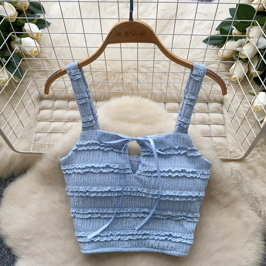 Sweet Ruffles Summer Two-Piece Set Women Square Collar Bow Strap Crop Top with Solid Ruched High-Waist Skirt Chic Gentle Outfit