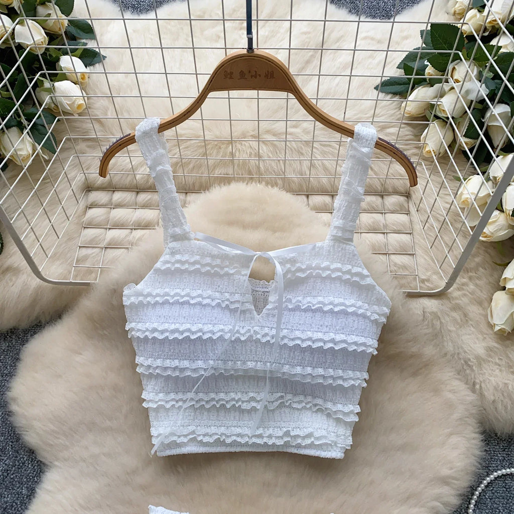 Sweet Ruffles Summer Two-Piece Set Women Square Collar Bow Strap Crop Top with Solid Ruched High-Waist Skirt Chic Gentle Outfit