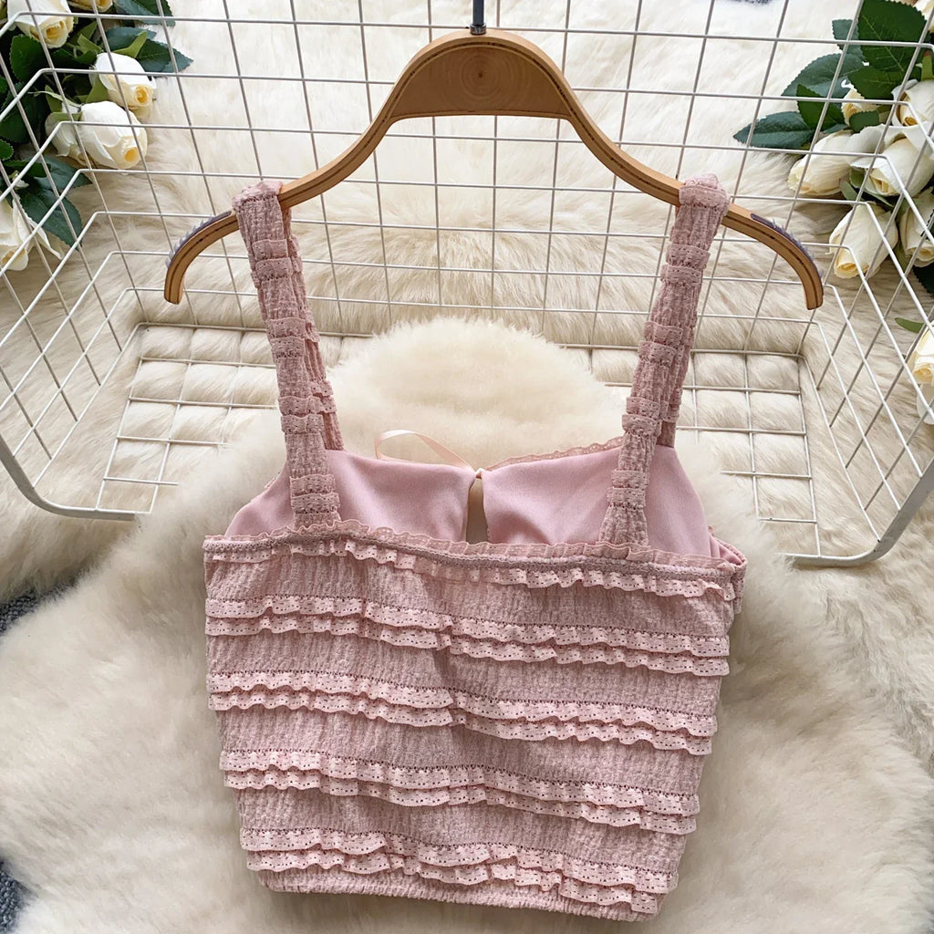 Sweet Ruffles Summer Two-Piece Set Women Square Collar Bow Strap Crop Top with Solid Ruched High-Waist Skirt Chic Gentle Outfit