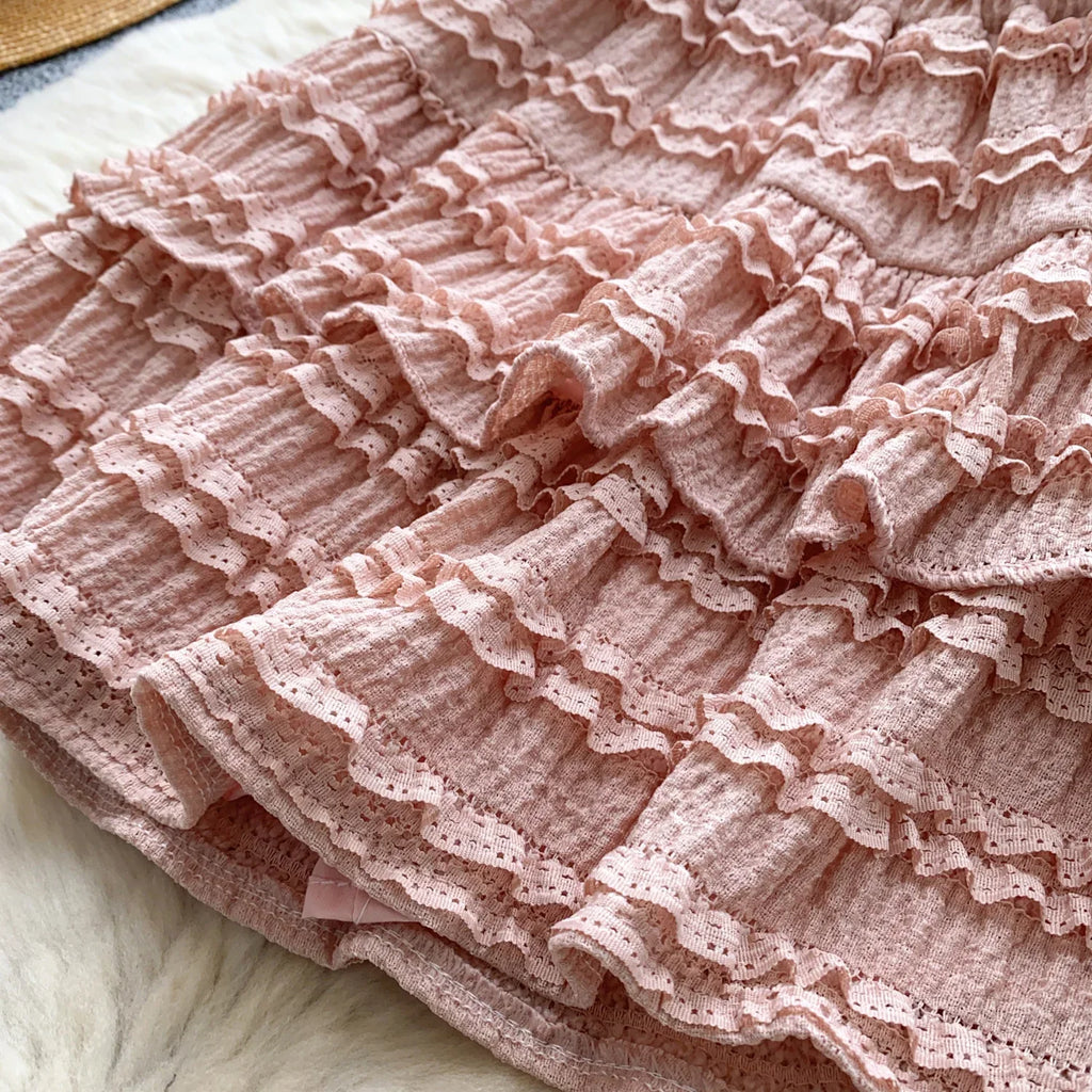 Sweet Ruffles Summer Two-Piece Set Women Square Collar Bow Strap Crop Top with Solid Ruched High-Waist Skirt Chic Gentle Outfit