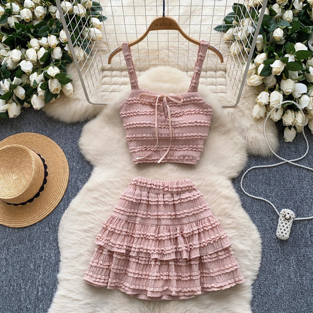 Sweet Ruffles Summer Two-Piece Set Women Square Collar Bow Strap Crop Top with Solid Ruched High-Waist Skirt Chic Gentle Outfit