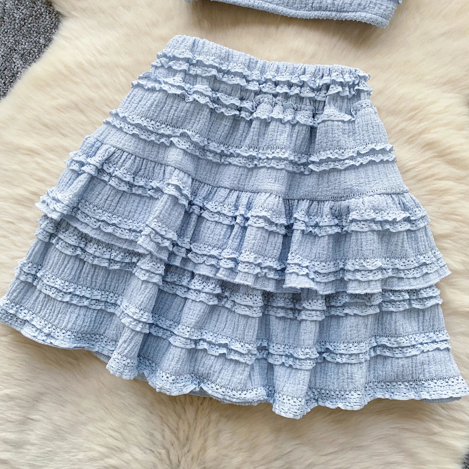 Sweet Ruffles Summer Two-Piece Set Women Square Collar Bow Strap Crop Top with Solid Ruched High-Waist Skirt Chic Gentle Outfit