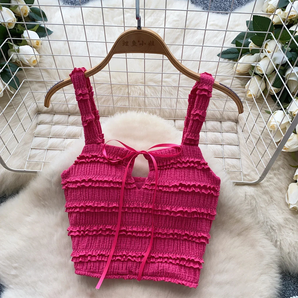 Sweet Ruffles Summer Two-Piece Set Women Square Collar Bow Strap Crop Top with Solid Ruched High-Waist Skirt Chic Gentle Outfit