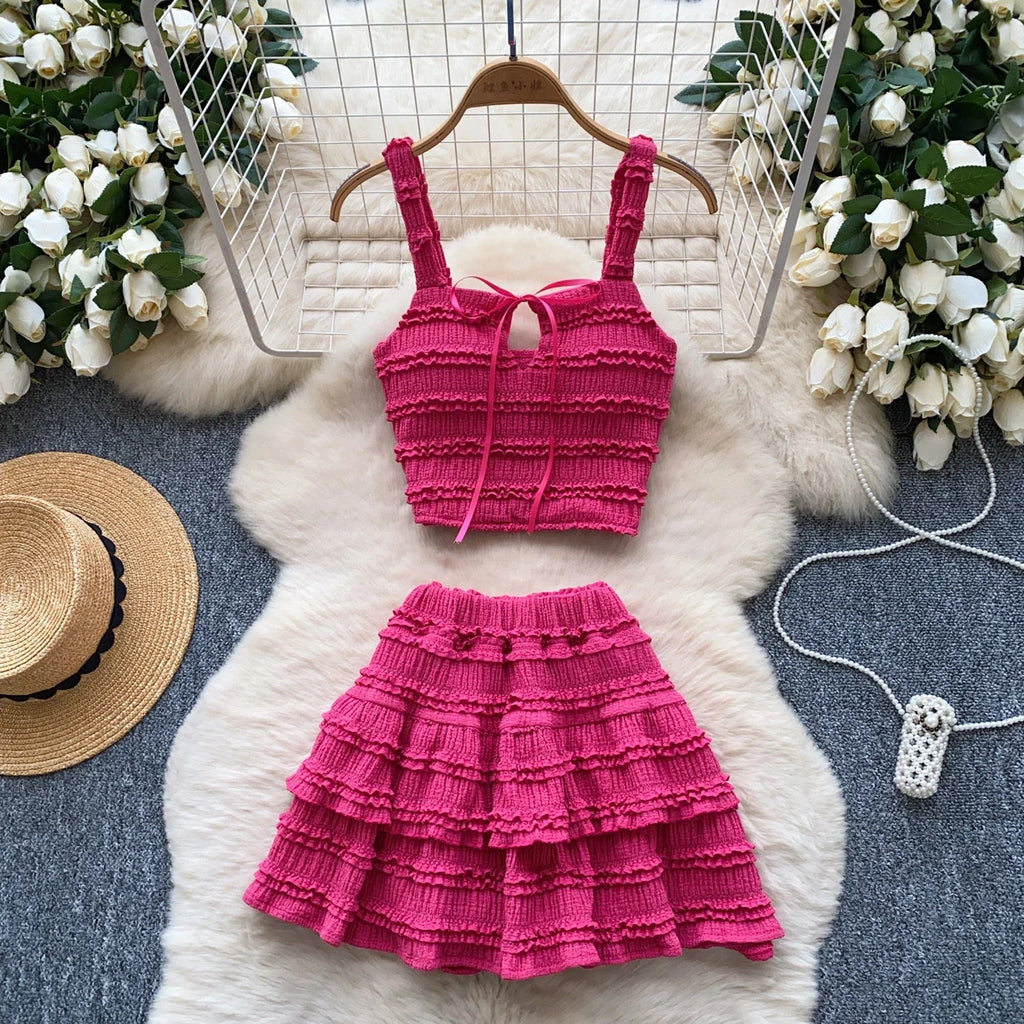 Sweet Ruffles Summer Two-Piece Set Women Square Collar Bow Strap Crop Top with Solid Ruched High-Waist Skirt Chic Gentle Outfit