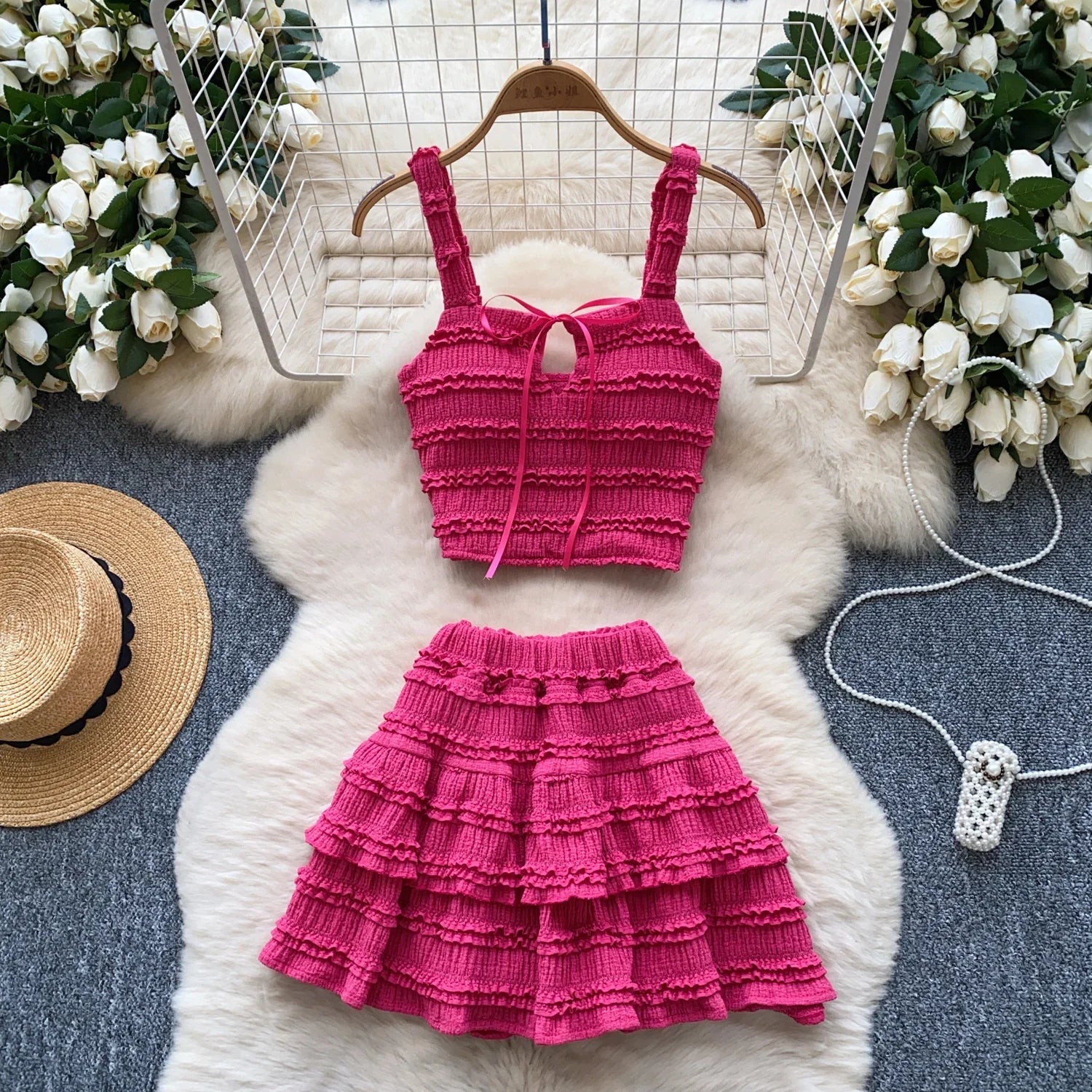Sweet Ruffles Summer Two-Piece Set Women Square Collar Bow Strap Crop Top with Solid Ruched High-Waist Skirt Chic Gentle Outfit