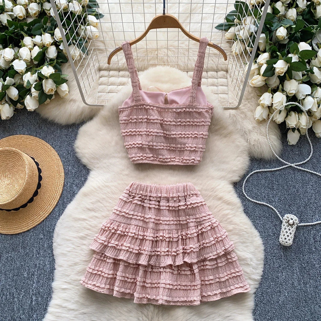 Sweet Ruffles Summer Two-Piece Set Women Square Collar Bow Strap Crop Top with Solid Ruched High-Waist Skirt Chic Gentle Outfit