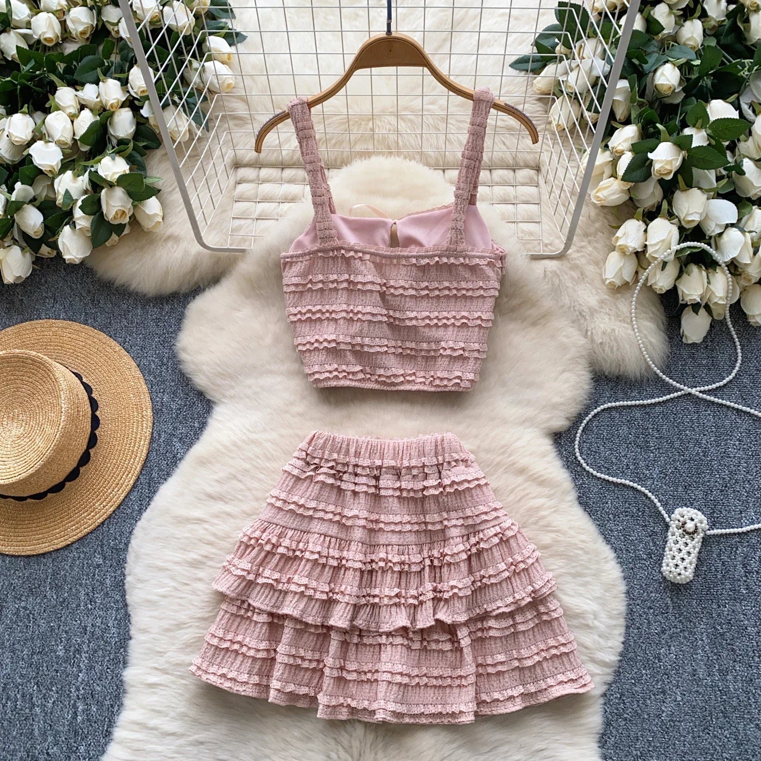 Sweet Ruffles Summer Two-Piece Set Women Square Collar Bow Strap Crop Top with Solid Ruched High-Waist Skirt Chic Gentle Outfit