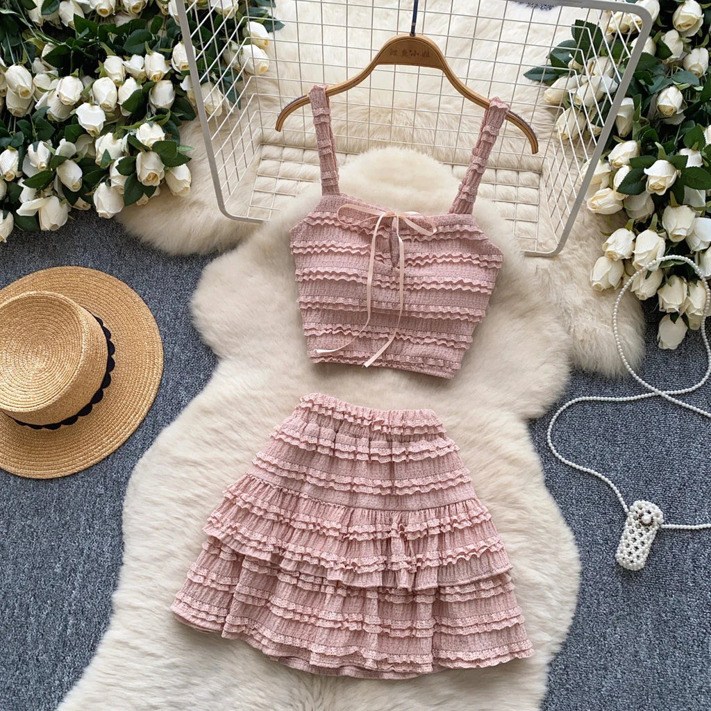 Sweet Ruffles Summer Two-Piece Set Women Square Collar Bow Strap Crop Top with Solid Ruched High-Waist Skirt Chic Gentle Outfit