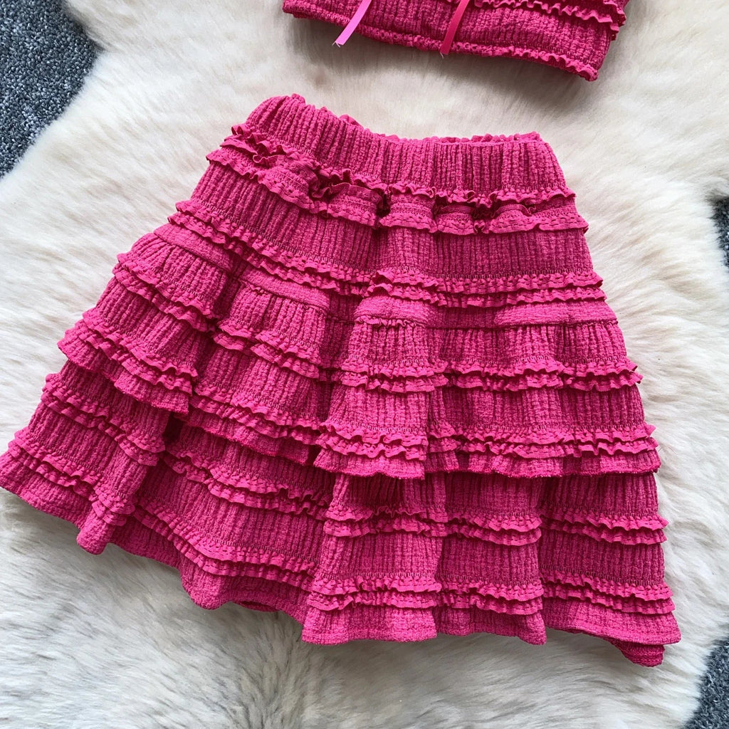 Sweet Ruffles Summer Two-Piece Set Women Square Collar Bow Strap Crop Top with Solid Ruched High-Waist Skirt Chic Gentle Outfit