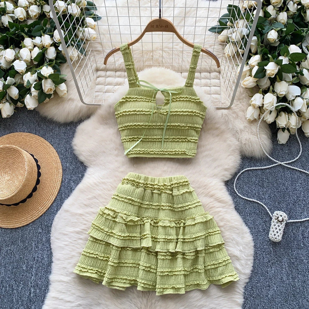 Sweet Ruffles Summer Two-Piece Set Women Square Collar Bow Strap Crop Top with Solid Ruched High-Waist Skirt Chic Gentle Outfit