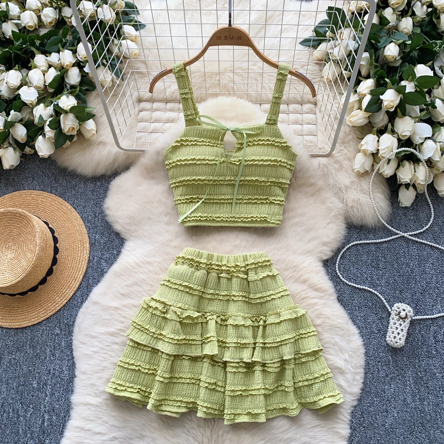 Sweet Ruffles Summer Two-Piece Set Women Square Collar Bow Strap Crop Top with Solid Ruched High-Waist Skirt Chic Gentle Outfit