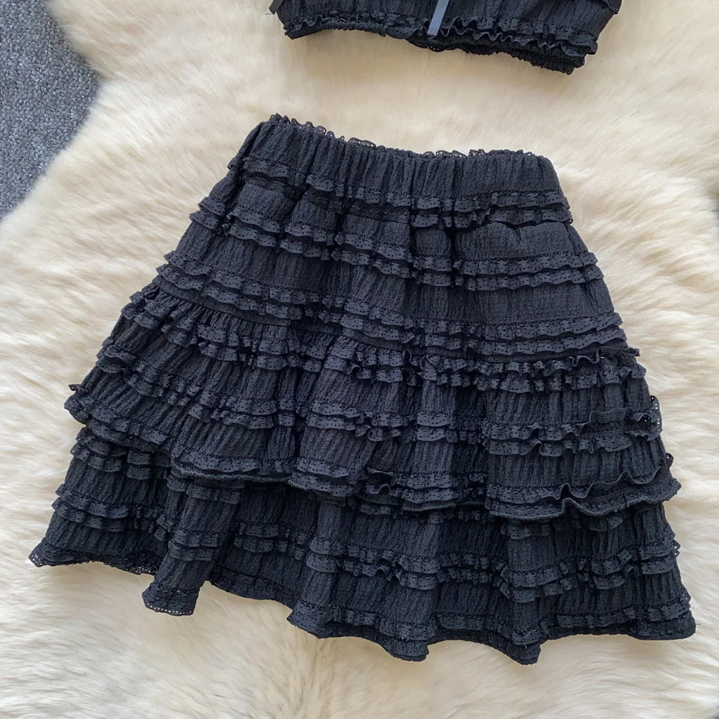 Sweet Ruffles Summer Two-Piece Set Women Square Collar Bow Strap Crop Top with Solid Ruched High-Waist Skirt Chic Gentle Outfit
