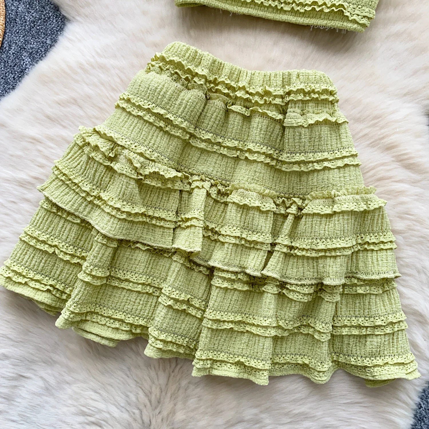 Sweet Ruffles Summer Two-Piece Set Women Square Collar Bow Strap Crop Top with Solid Ruched High-Waist Skirt Chic Gentle Outfit