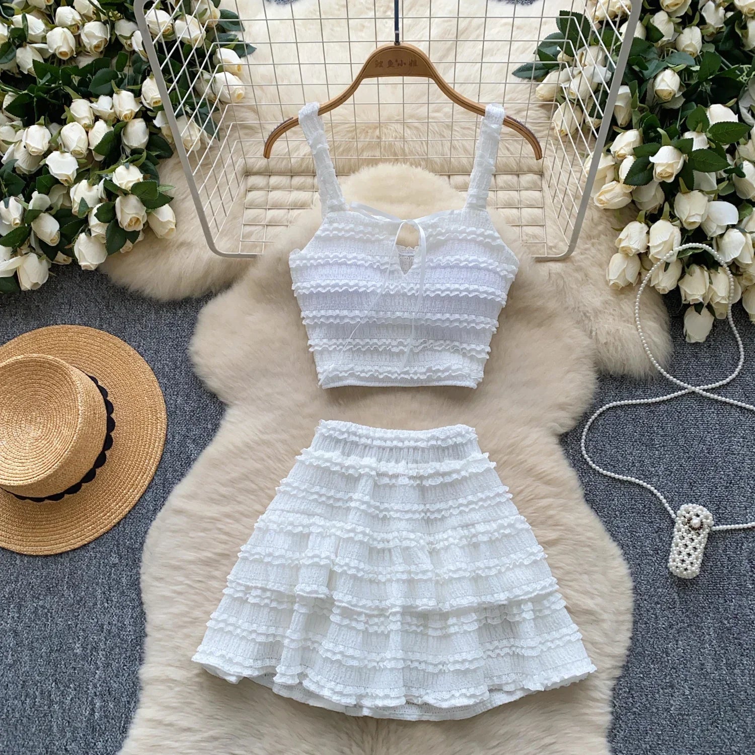 Sweet Ruffles Summer Two-Piece Set Women Square Collar Bow Strap Crop Top with Solid Ruched High-Waist Skirt Chic Gentle Outfit