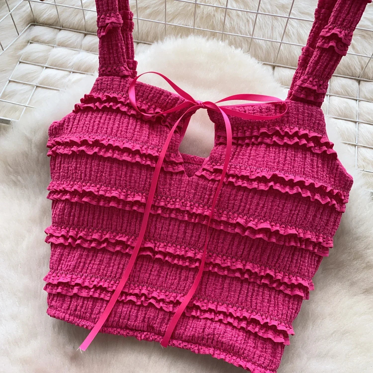 Sweet Ruffles Summer Two-Piece Set Women Square Collar Bow Strap Crop Top with Solid Ruched High-Waist Skirt Chic Gentle Outfit