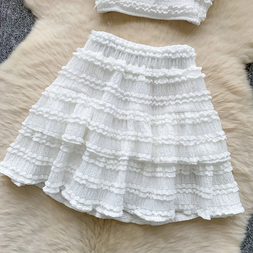 Sweet Ruffles Summer Two-Piece Set Women Square Collar Bow Strap Crop Top with Solid Ruched High-Waist Skirt Chic Gentle Outfit
