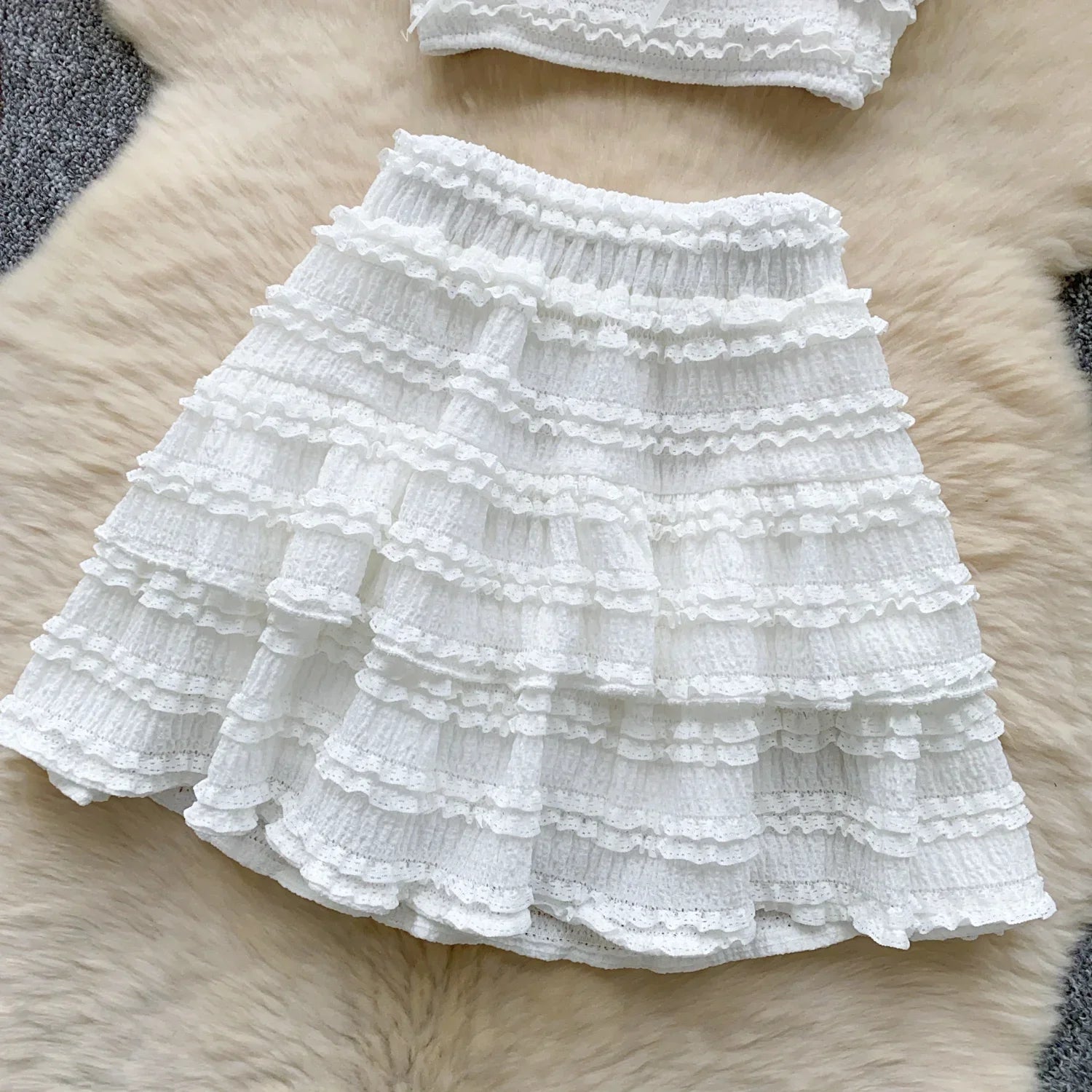 Sweet Ruffles Summer Two-Piece Set Women Square Collar Bow Strap Crop Top with Solid Ruched High-Waist Skirt Chic Gentle Outfit