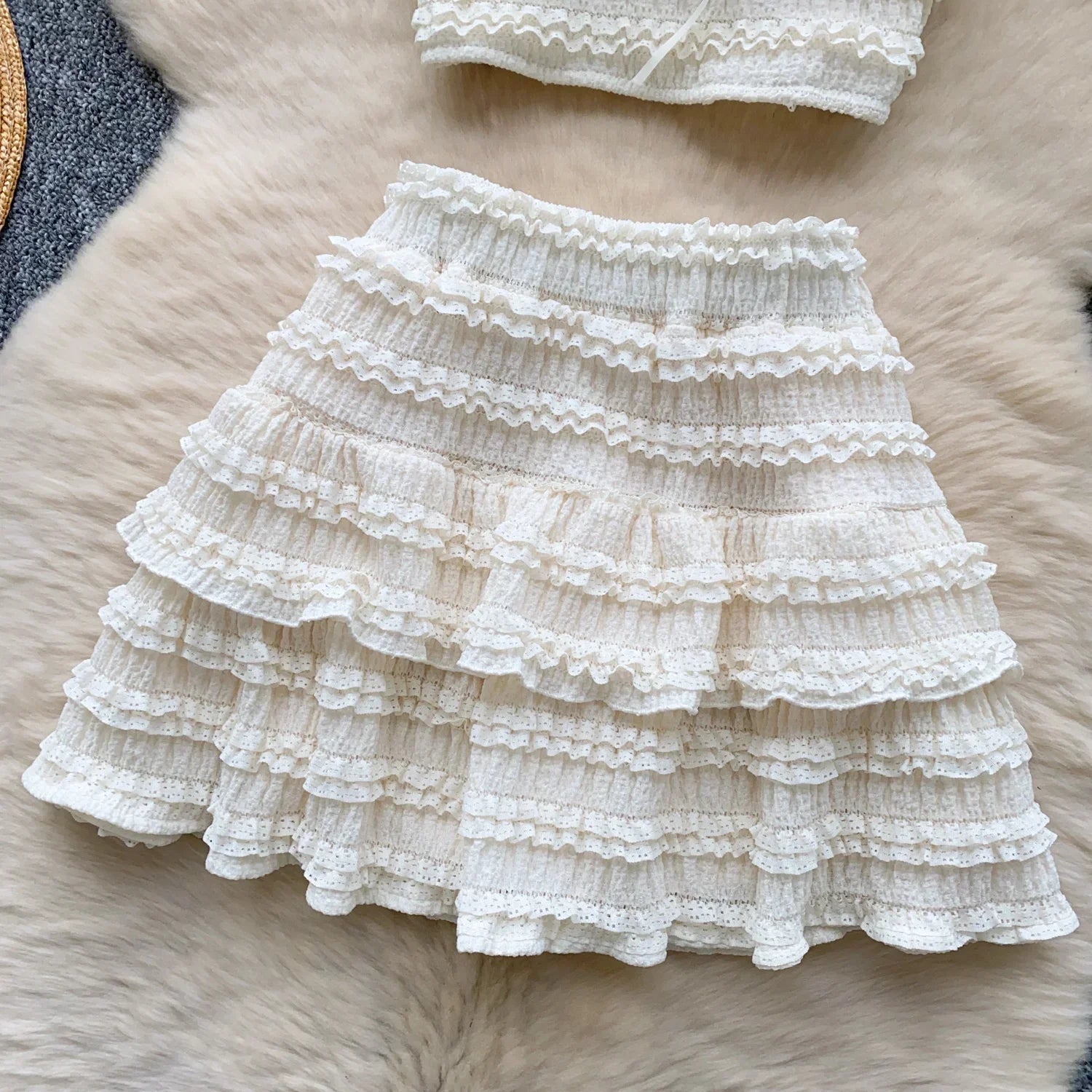 Sweet Ruffles Summer Two-Piece Set Women Square Collar Bow Strap Crop Top with Solid Ruched High-Waist Skirt Chic Gentle Outfit